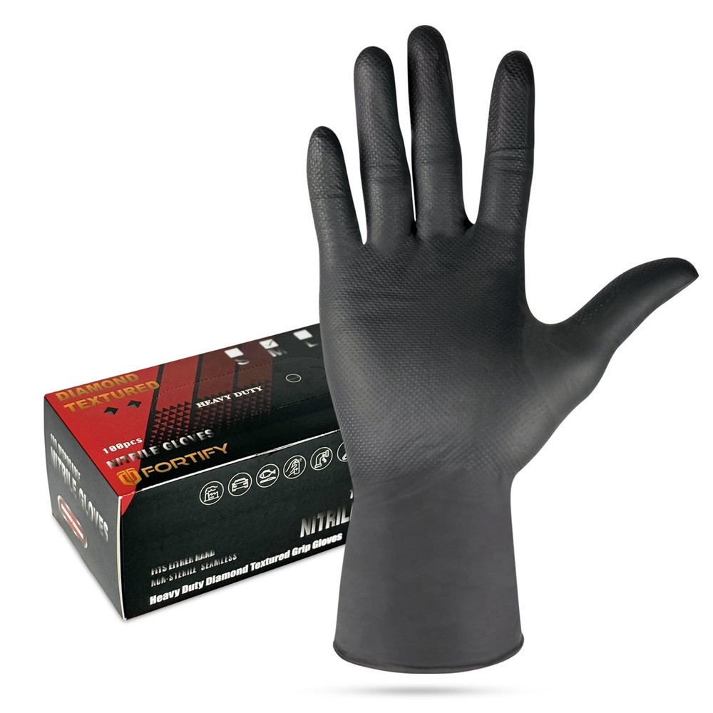 Fortify Diamond Textured Nitrile Gloves - 7mil Heavy Duty, foodsafe (XL) Black