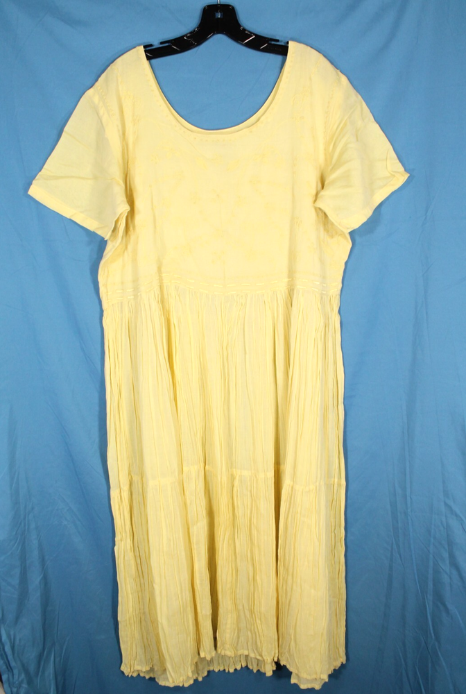 VTG FADS Yellow TWILL Floral Embroidered PLEATED Cottagecore MAXI DRESS Sz 1XL
