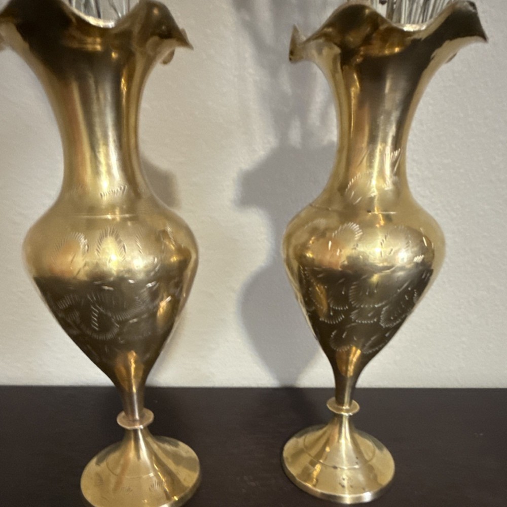Pair of Brass Engraved Round Vases Gold Metallic 10 in Made in India