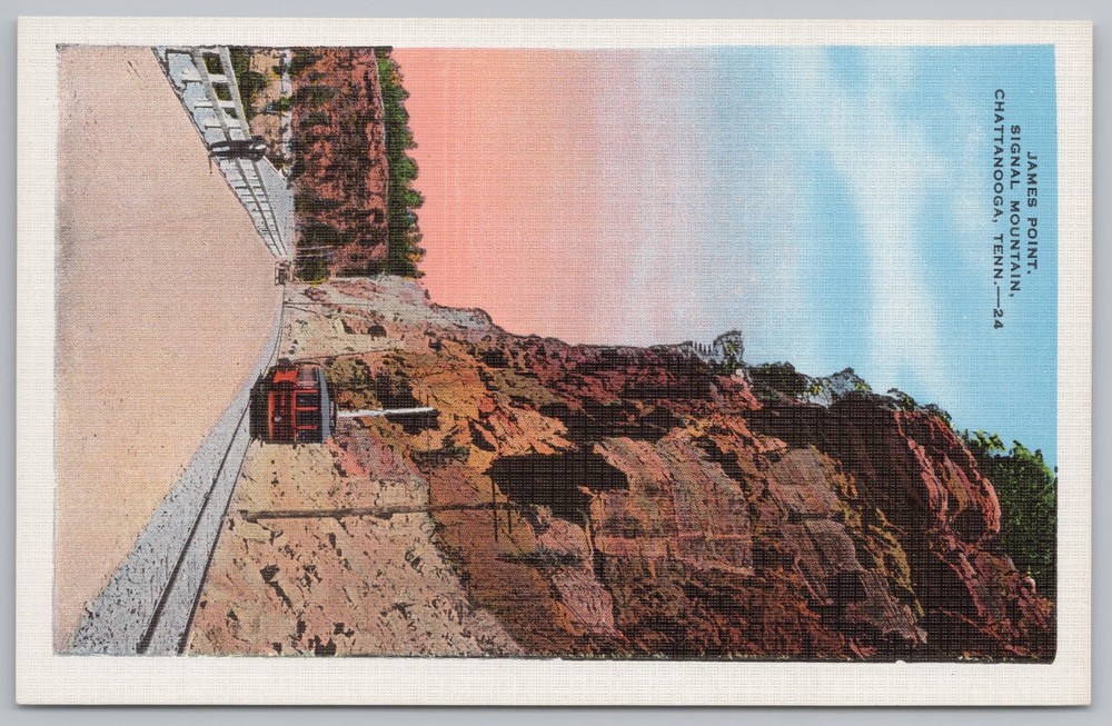 Linen~James Point~Signal Mountain~Man Waiting For Cable Car~TN~Vintage Postcard