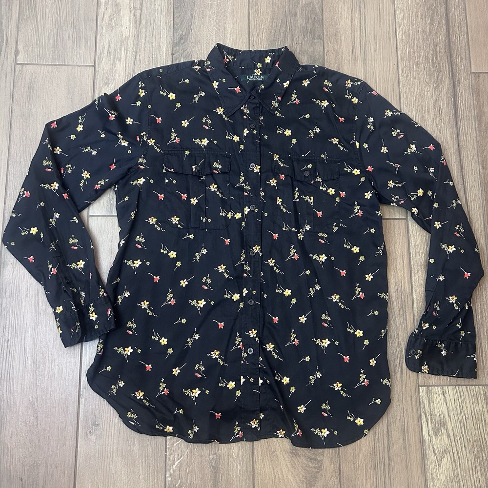 Lauren Ralph Lauren Ditzy Floral Print Black Shirt Size Xl Womens