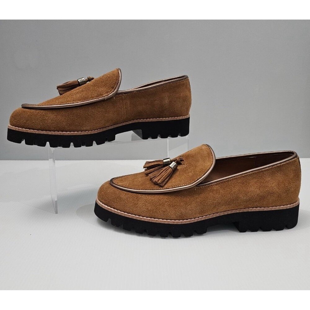 Donald Pliner Tan Suede Tassel Lug Sole Loafers Metallic Trim Womens Shoes
