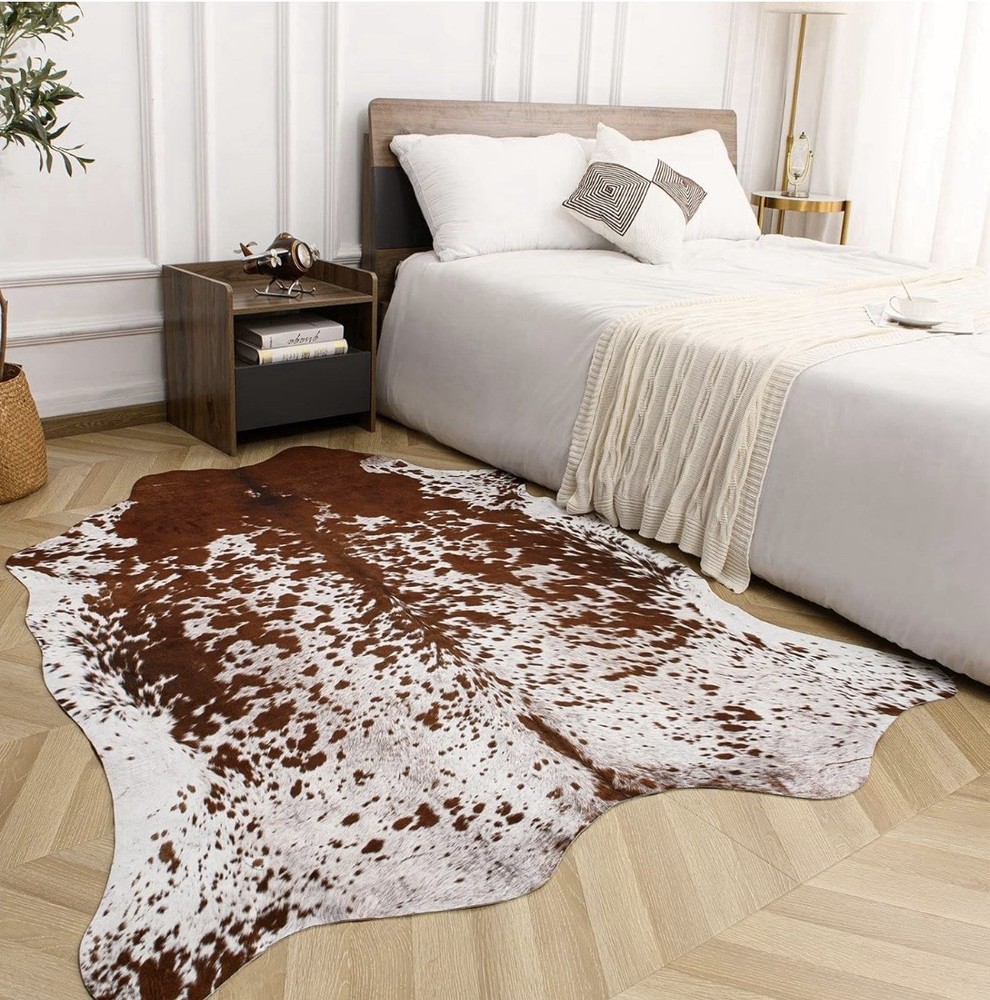 Brown White Faux Fur Cow Print Cowhide Style Area Rug Animal Skin 96x114 in