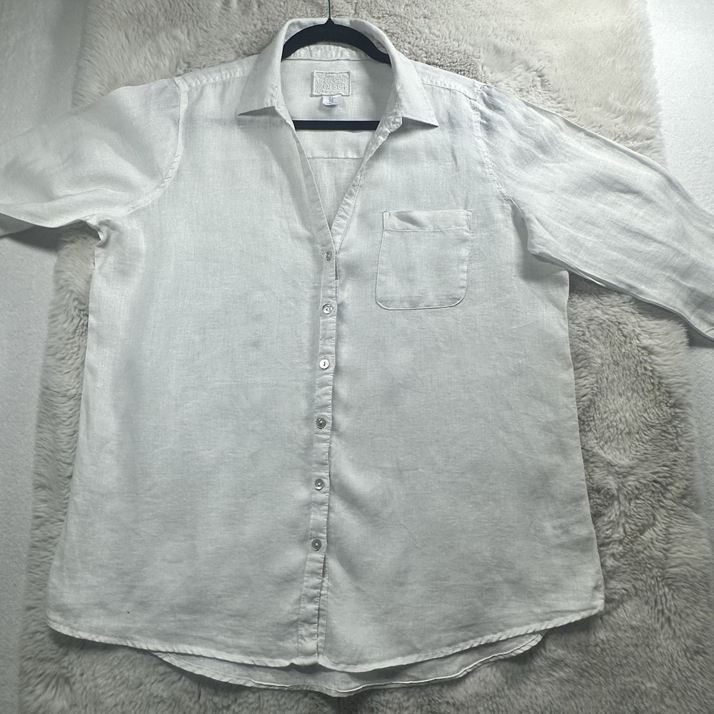 Sigrid Olsen 100% Linen Roll Tab Button Down Shirt White Abalone Buttons Size L