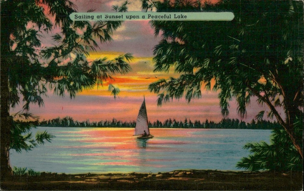 Tichnor Postcard Scenic Sailing at Sunset upon a Peaceful Lake Unposted Vintage