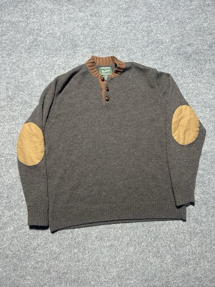 Vintage Woolrich Sweater Mens XL Gray 90S Wool Leather Elbow Pads Sweatshirt