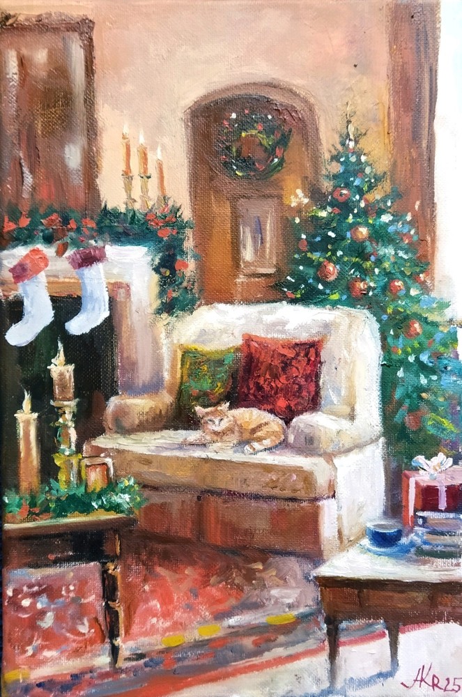Christmas Eve Original Oil Painting Christmas tree Impressionism Wall art