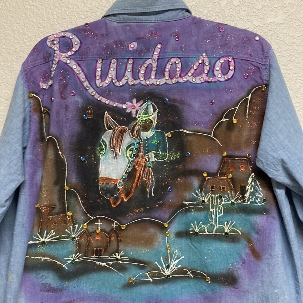 HANDMADE Vintage Artsy Hand painted Equestrian Print  Button down top Ruidoso 91