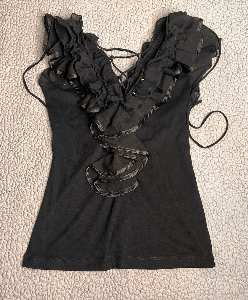 Body Central Black Ruffle Blouse Womens Size Medium With Buttons & Ties