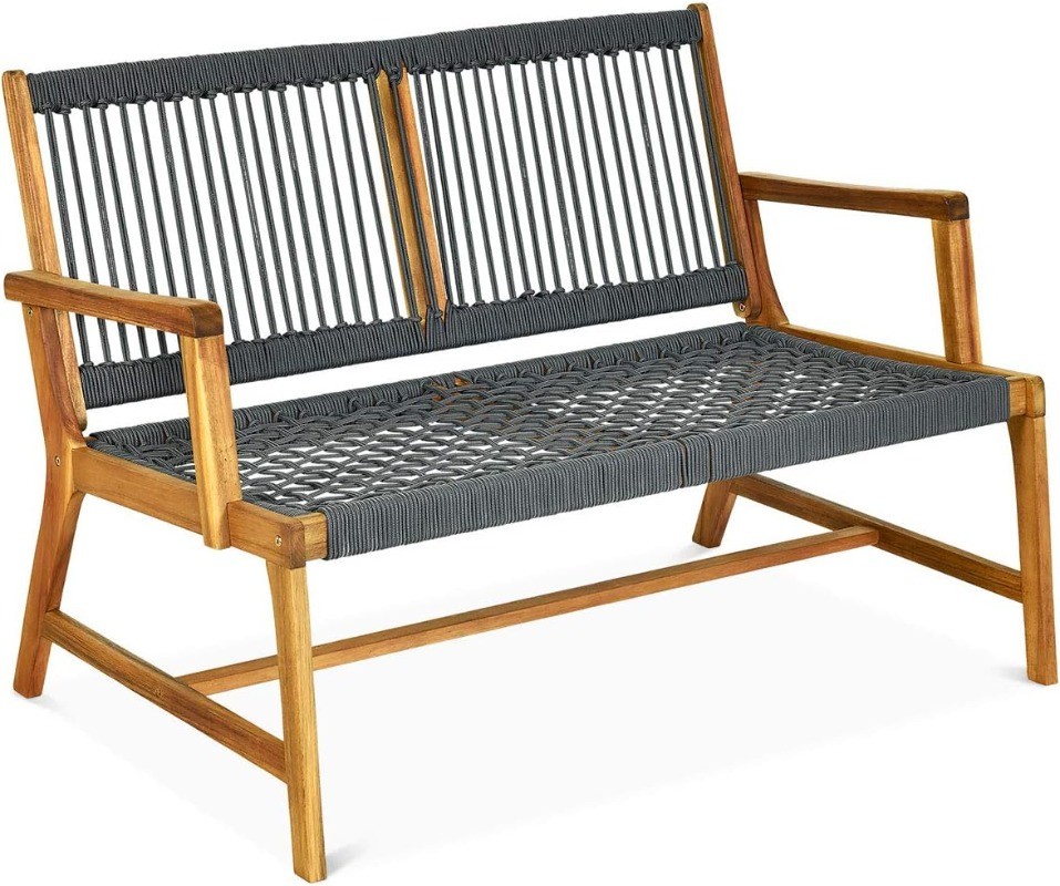 2-Person Patio Acacia Wood Bench Loveseat Outdoor Patio Porch Rope Bench