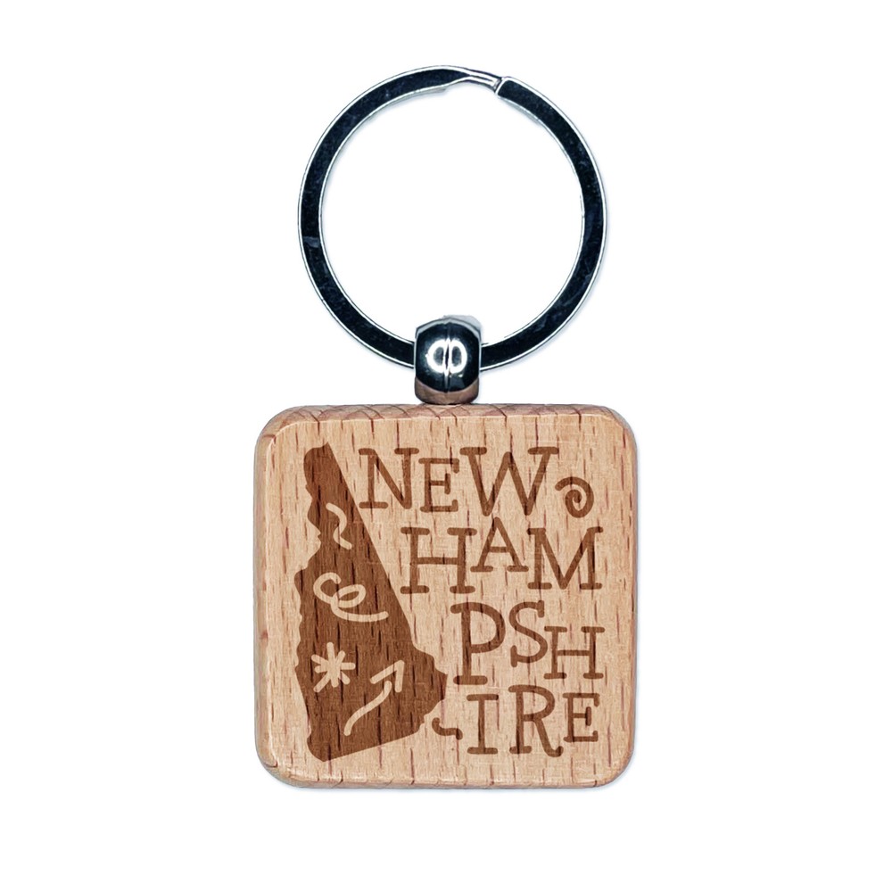 New Hampshire State with Text Swirls Engraved Wood Square Keychain Tag Charm