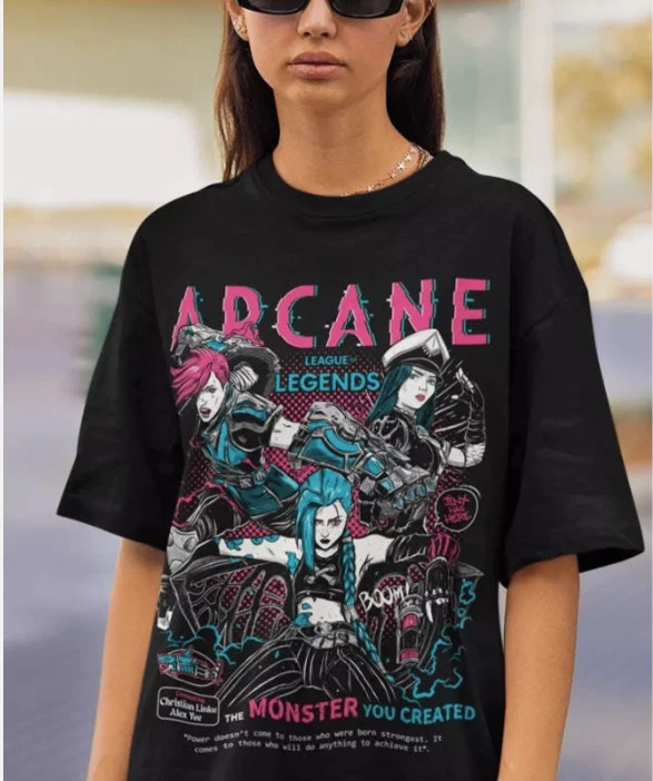 Anime Jinx Arcane Japanese Cartoon Black T Shirt Size S - 5XL