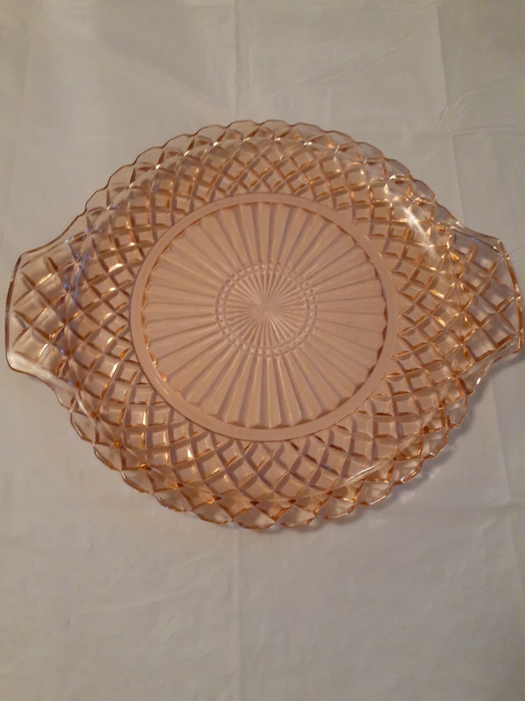 Vtg Anchor Hocking Waterford Pink Glass Round Platter Cake Plate Handled 12