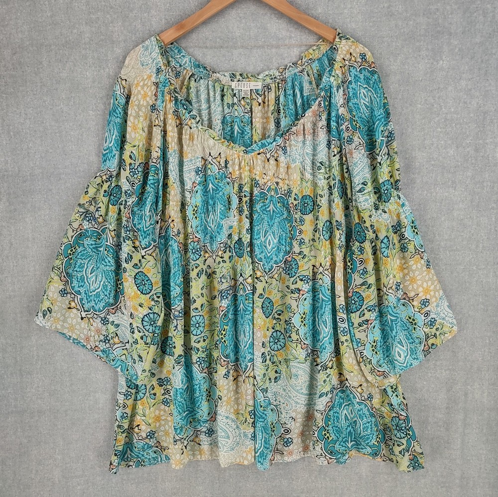 Spence Top Woman 2X Paisley Crinkle Pleat Tunic Ruffle Bell Sleeve Coastal Boho