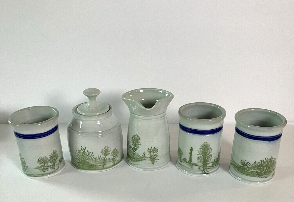 VTG Old World Pottery Cherryfield ME Set of 5- Sugar Dish Creamer, Cups Handmade