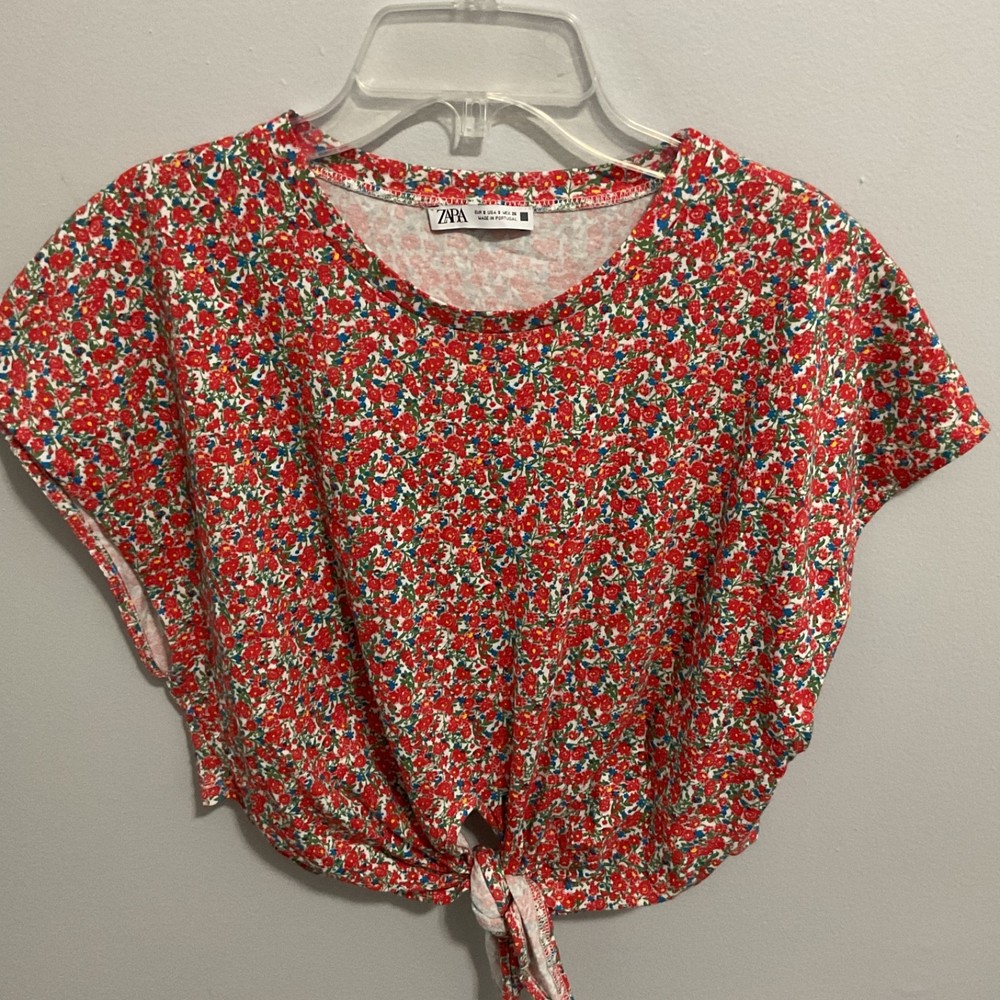 Womens Zara Cropped Floral Front Tie Short Sleeve Top, Size Small,Boho,Spring