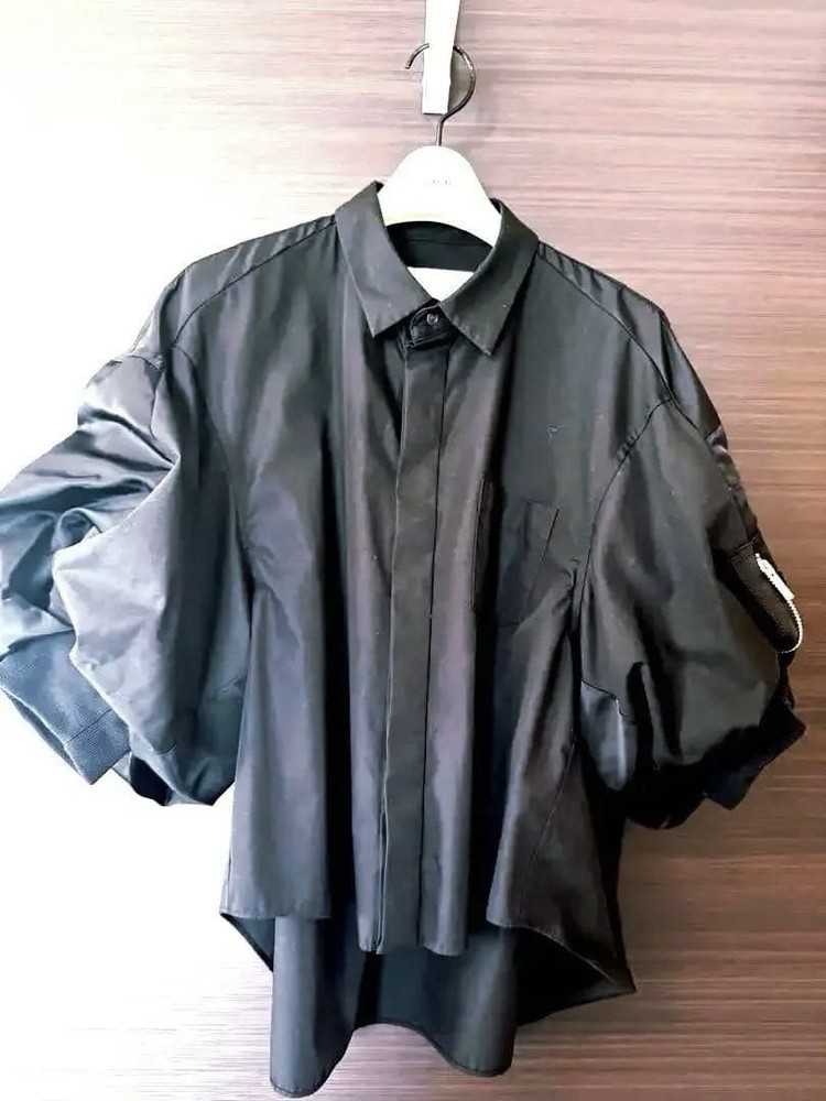 Sacai Black Short Sleeve MA-1 Puff Sleeve Top Size L NWT Cotton Polyester