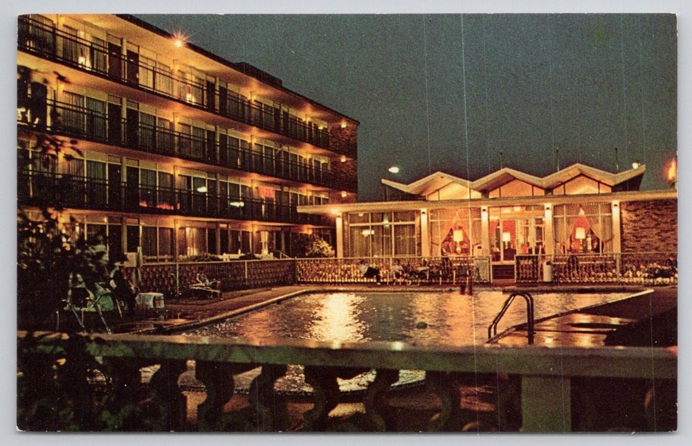Vintage Holiday Inn Downtown Erie PA Postcard Pool Night Mid-Century Modern