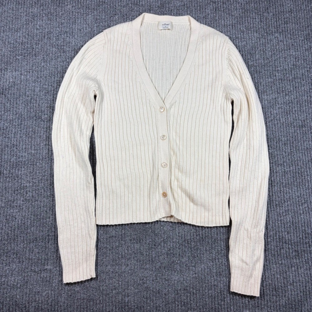 Wilfred Aritzia Womens Cream Ribbed V-Neck Button Front Cardigan Sweater Size M