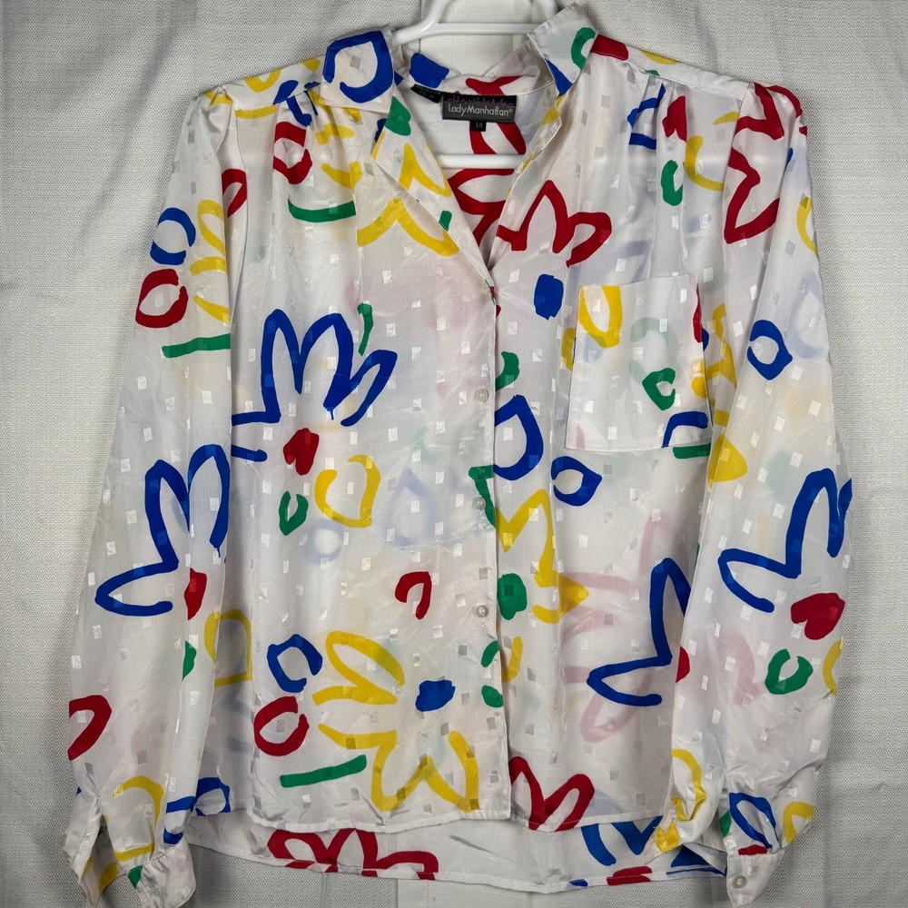Lady Manhattan Vintage Floral Abstract Blouse White Primary Colors Size 14 Retro