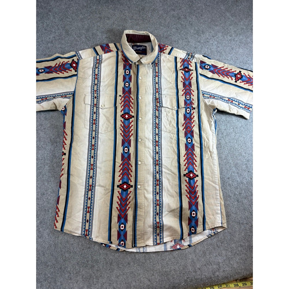 VTG 90s Wrangler Western Shirt Men Large Tan Aztec Pearl Snap Brushpopper Cowboy