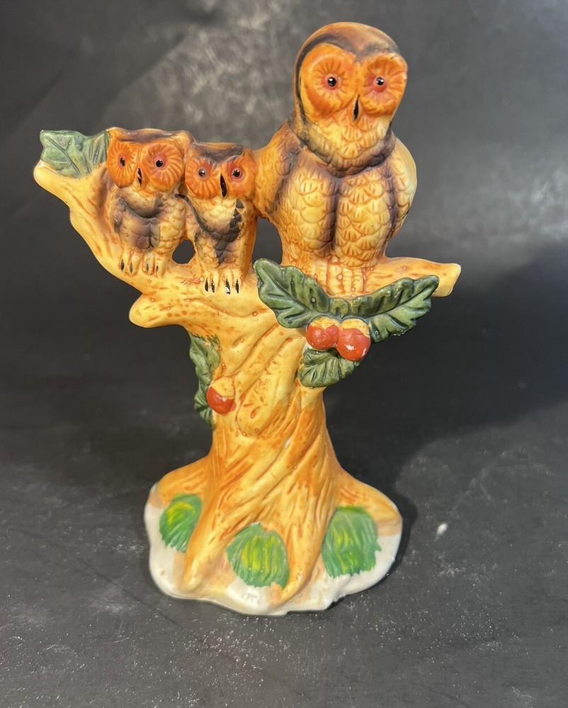 Vintage Ceramic Owl Family Perched Sitting on Tree Branch Figurine Cottagecore