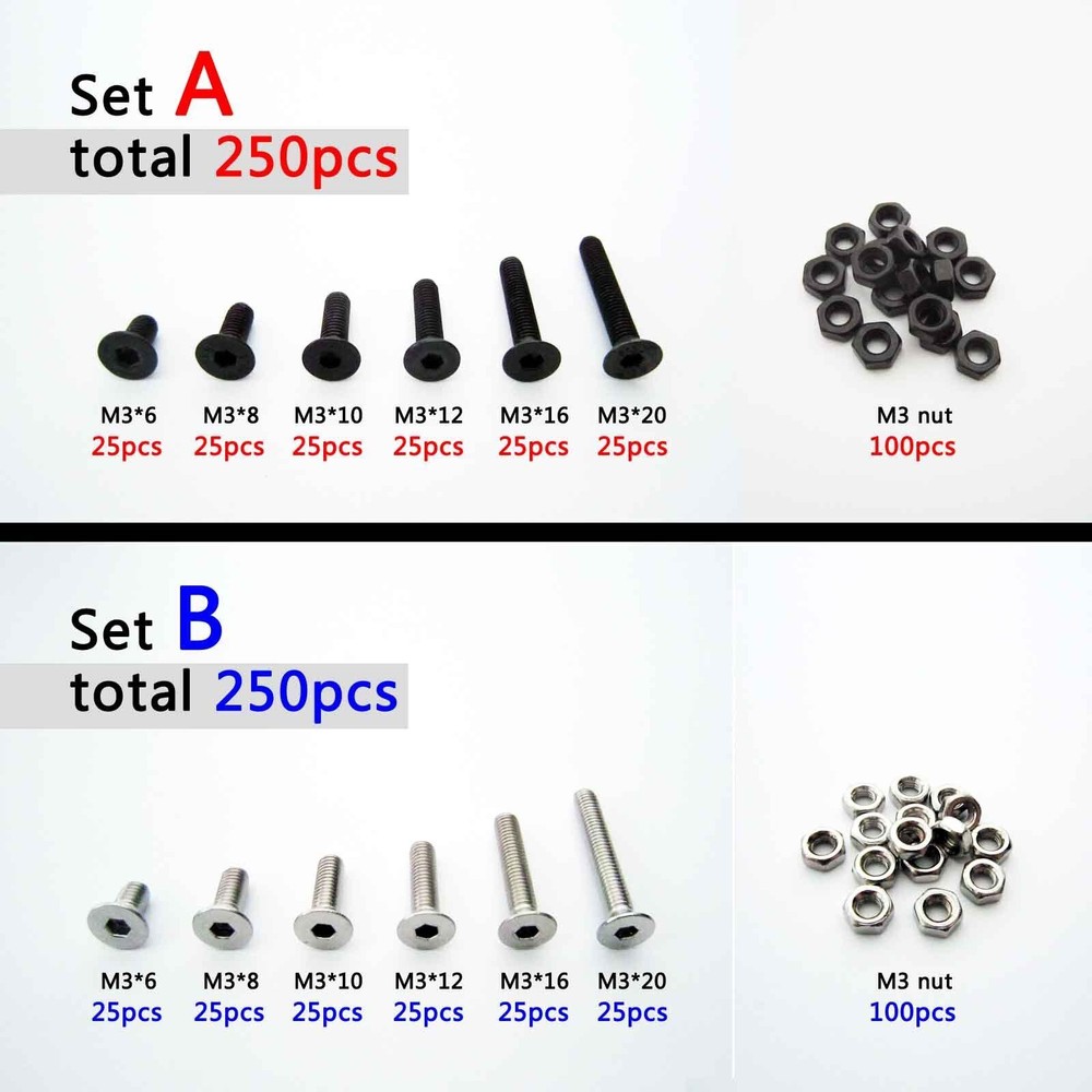 250pcs Assortment Kit M3 Flat Countersunk Head Hex Socket Cap Screw Bolt Nut