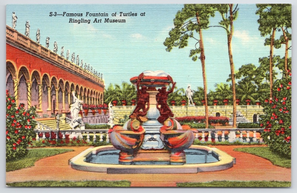 Florida Sarasota Ringling Art Museum Fountain of Turtles Linen Postcard