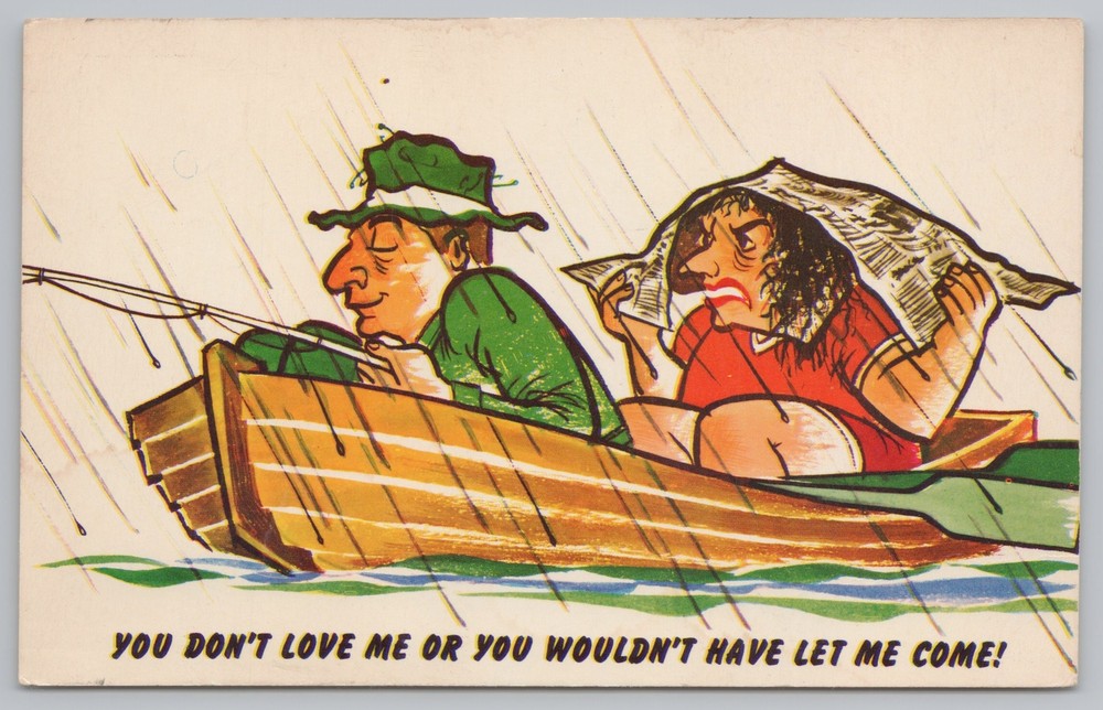 Comics~Couple Fishing~Angry Wife in Boat~You Don't Love Me~Vintage Postcard