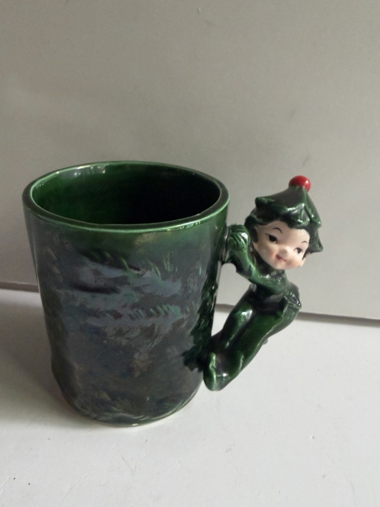 Vtg Lefton Christmas Pixie Elf Holly Ceramic Mug - Japan