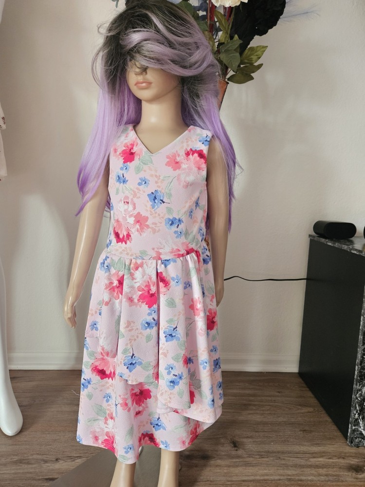 Girls A-Line Knee Length Dress Pink Red Blue Floral Sleeveless Size 7