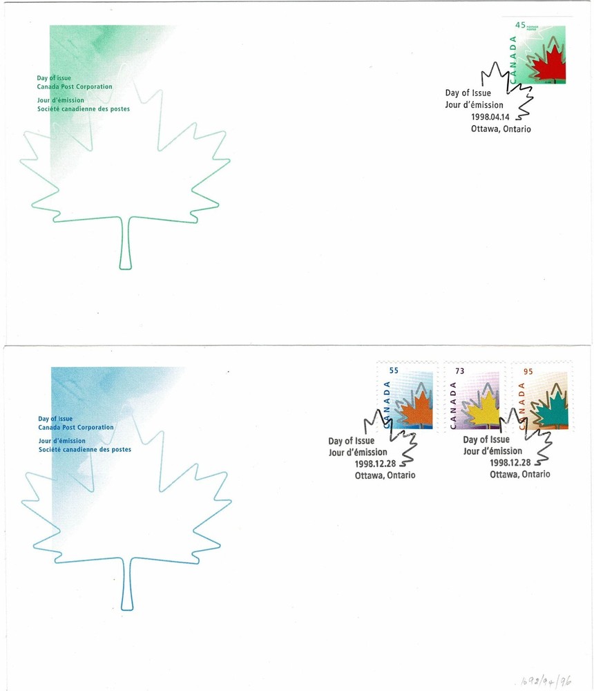 CANADA 1998 MAPLE LEAF SELF ADHESIVES 4 x OFFICIAL FIRST DAY COVERS