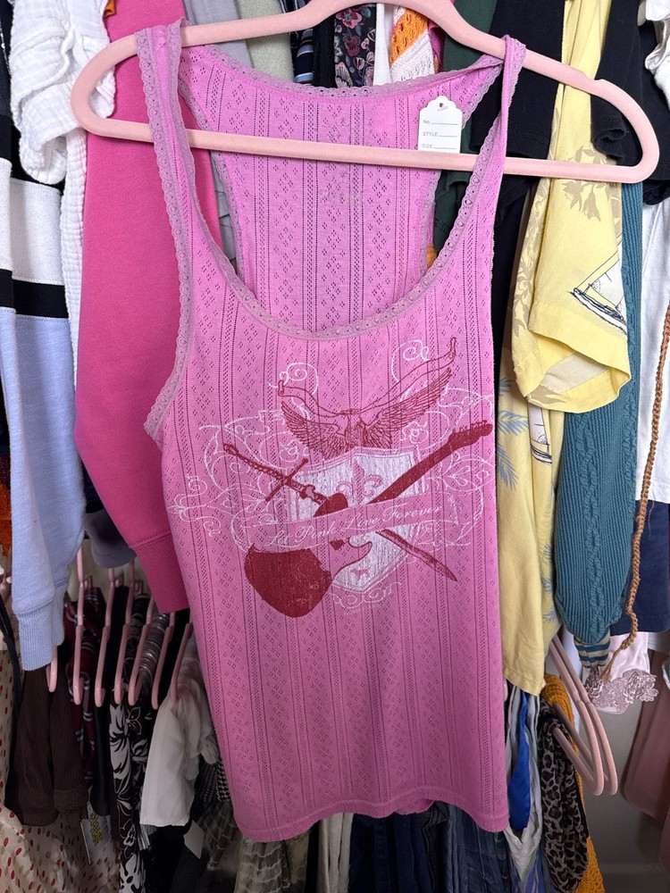 Vintage Y2K PINK Victoria’s Secret Lace Trim Graphic Tank Top