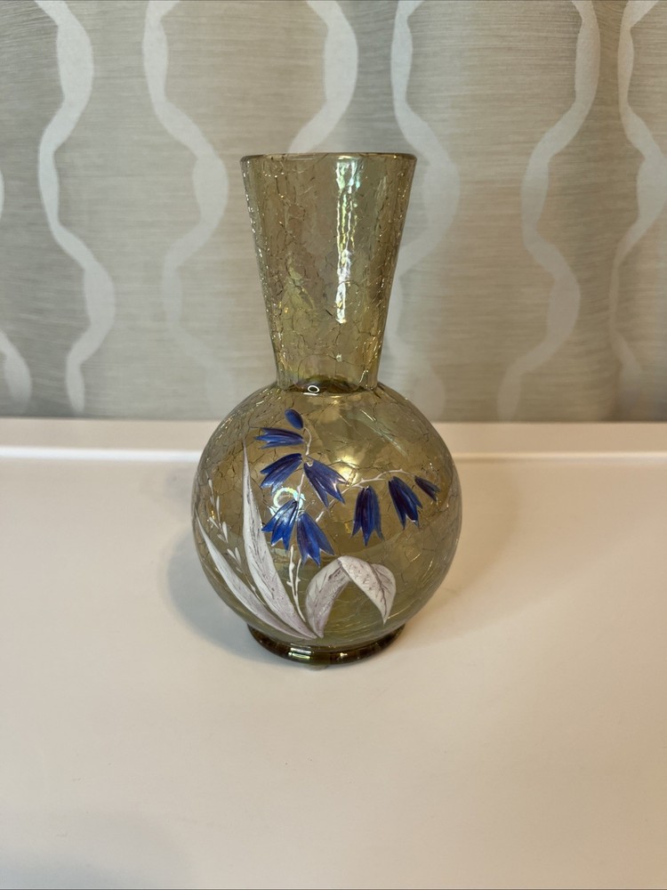 Vintage Amber Crackle Glass Vase Hand-Painted Enamel Floral Bohemian