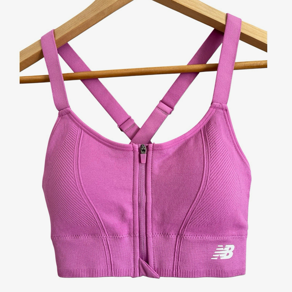 New Balance Medium Support Zip Front Padded Adjustable Crossback Bra S Pink