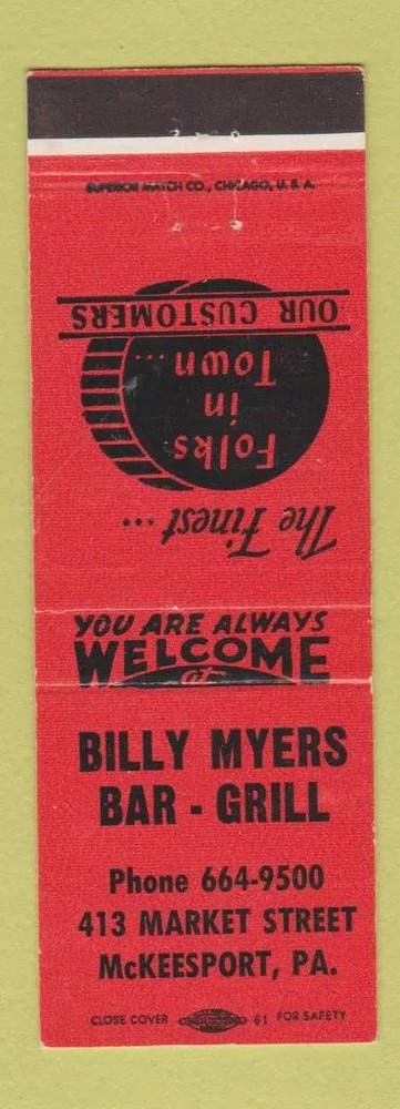 Matchbook Cover - Billy Myers Bar Grill McKeesport PA