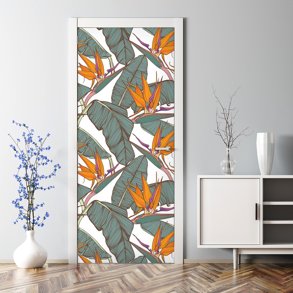 Tropical Flower Bubble-Free Self-Adhesive Door Decal Peel & Stick Vinyl Sticker