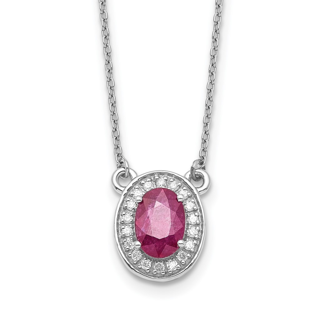 14k White Gold Diamond and Oval Ruby Pendant Necklace 18