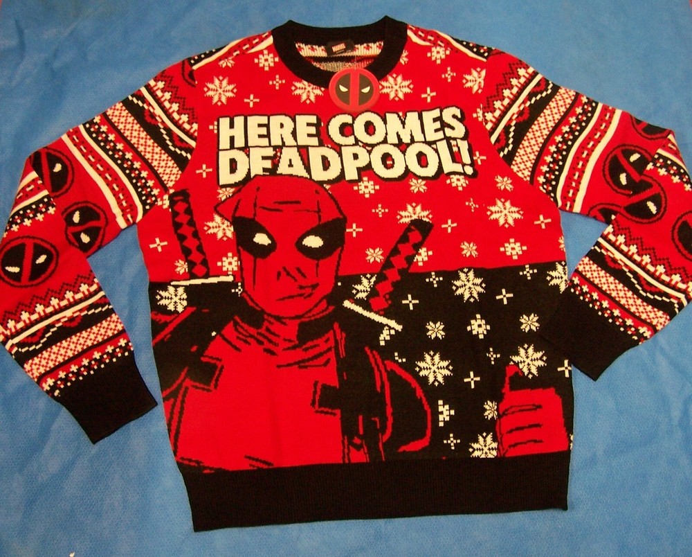 Size L Mens Holiday Christmas Sweater Marvel Here Comes Deadpool !