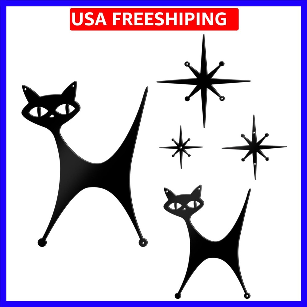 5 Piece Metal Mid Century Modern Atomic Cat Wall Decor Vintage Black Cartoon ...