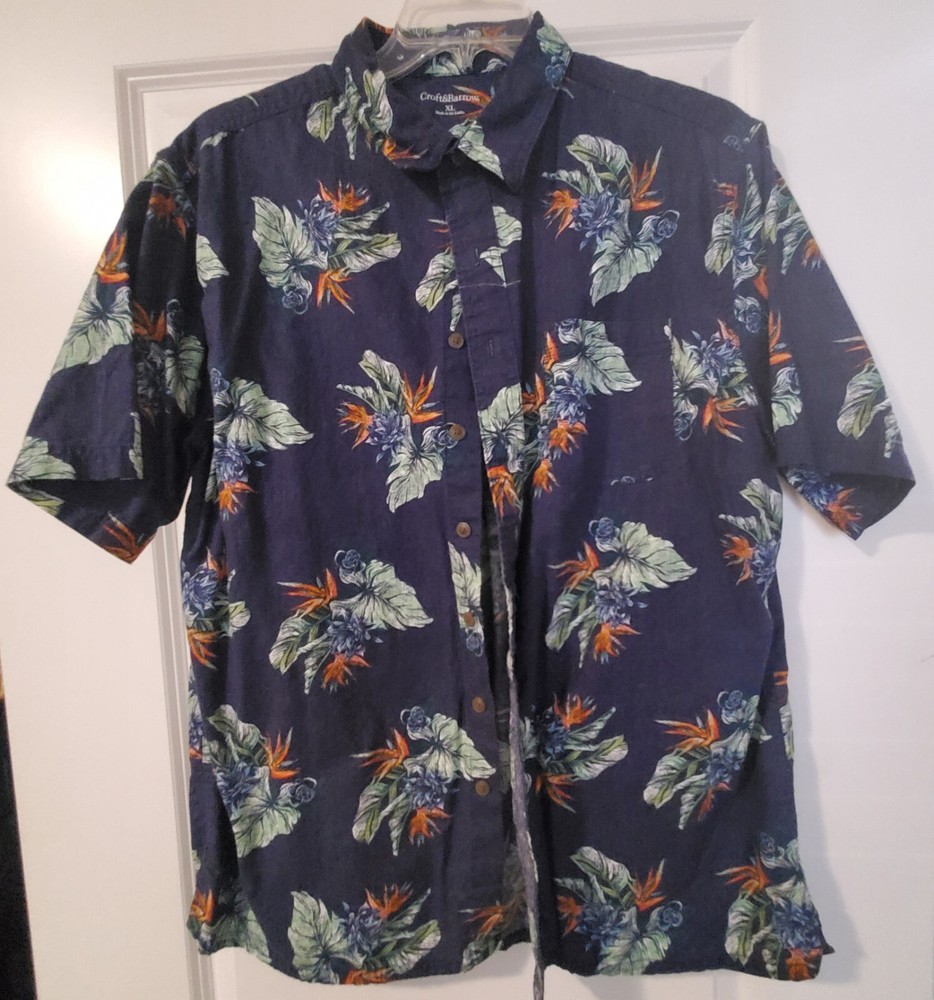 Croft & Barrow- Mens Hawaiian Shirt-XL- 100% Cotton- Dark Blue- Floral- Tropical