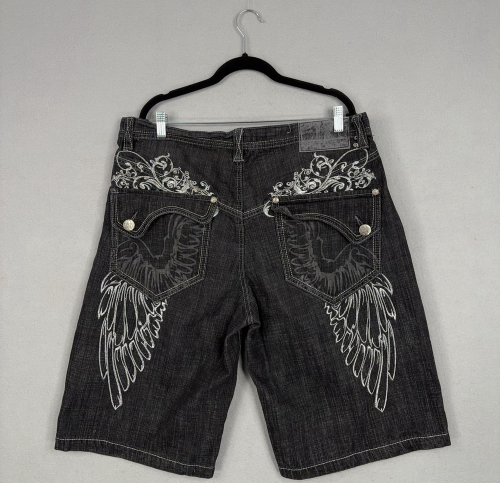 Delf Shorts Mens 40 Baggy Embroidered Wings Biker Jorts Streetwear Y2K Denim