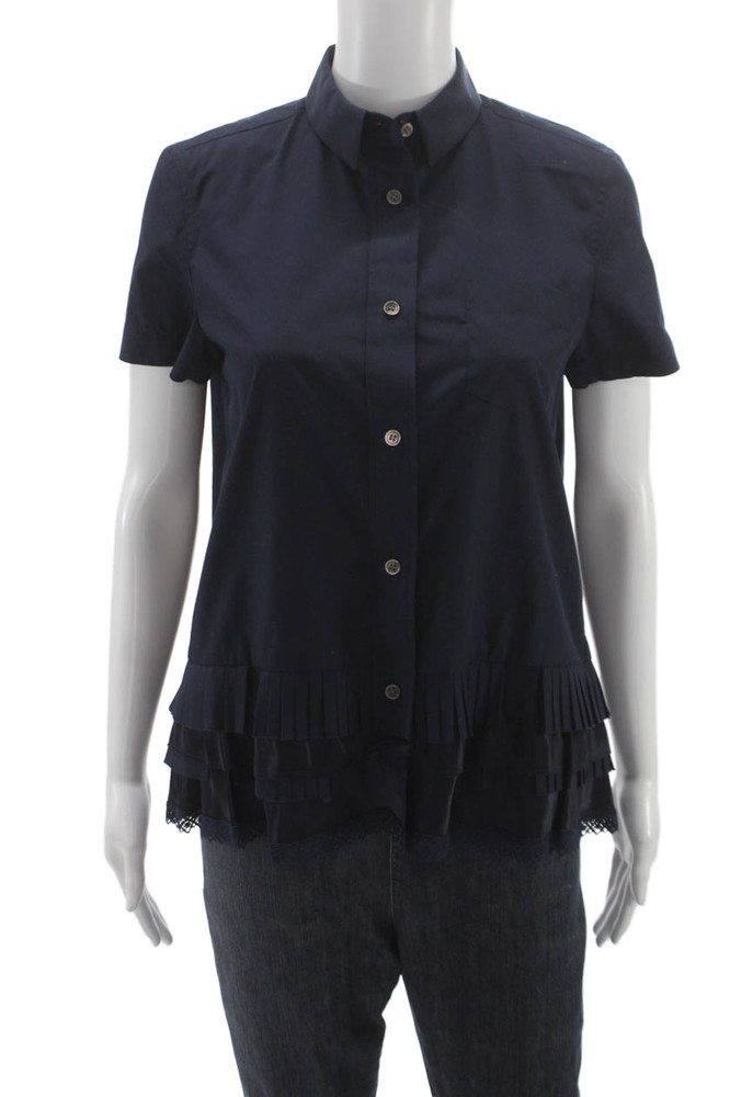 Sacai Womens Collared Short Sleeve Button Up Blouse Dark Blue Size 1Free Shipping in US $100+ Orders | $6.95 Orders Below