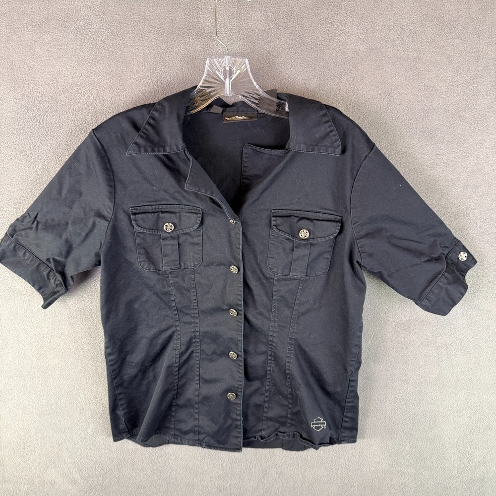 Harley Davidson Womens Snap Shirt Mechanic Biker Grunge Y2K Medium Button Up