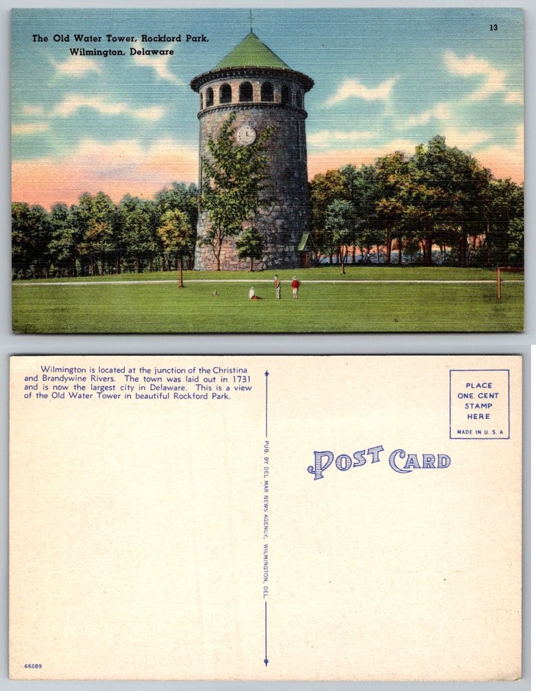 Wilmington DE Old Water Tower Rockford Park Linen Postcard Vintage