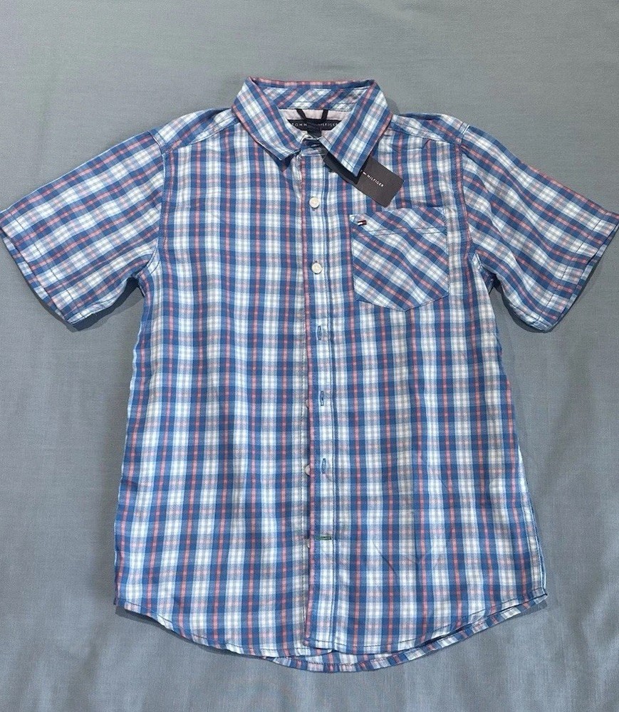 Tommy Hilfiger Button Down Shirt Boys Plaid Medium 12-14 Blue Pocket Cotton NWTS