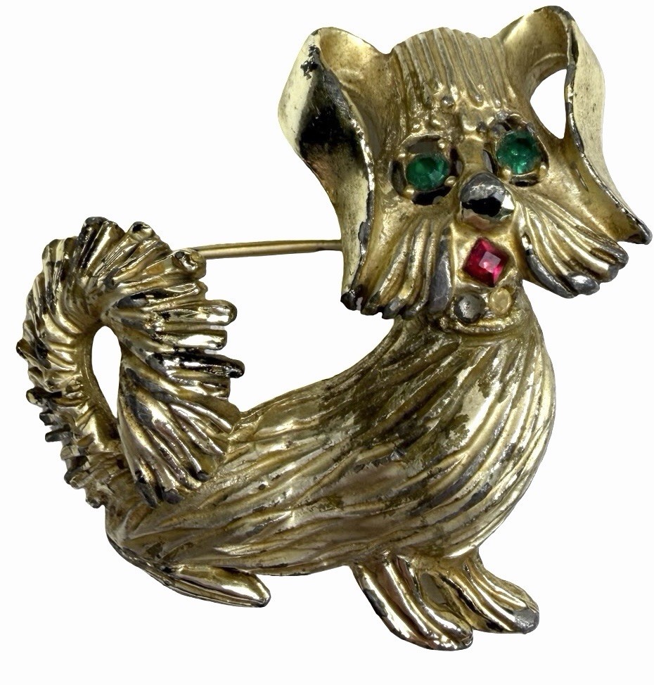 Vintage BSK Signed Dog Brooch Pin Gold-Tone Green Rhinestone Eyes