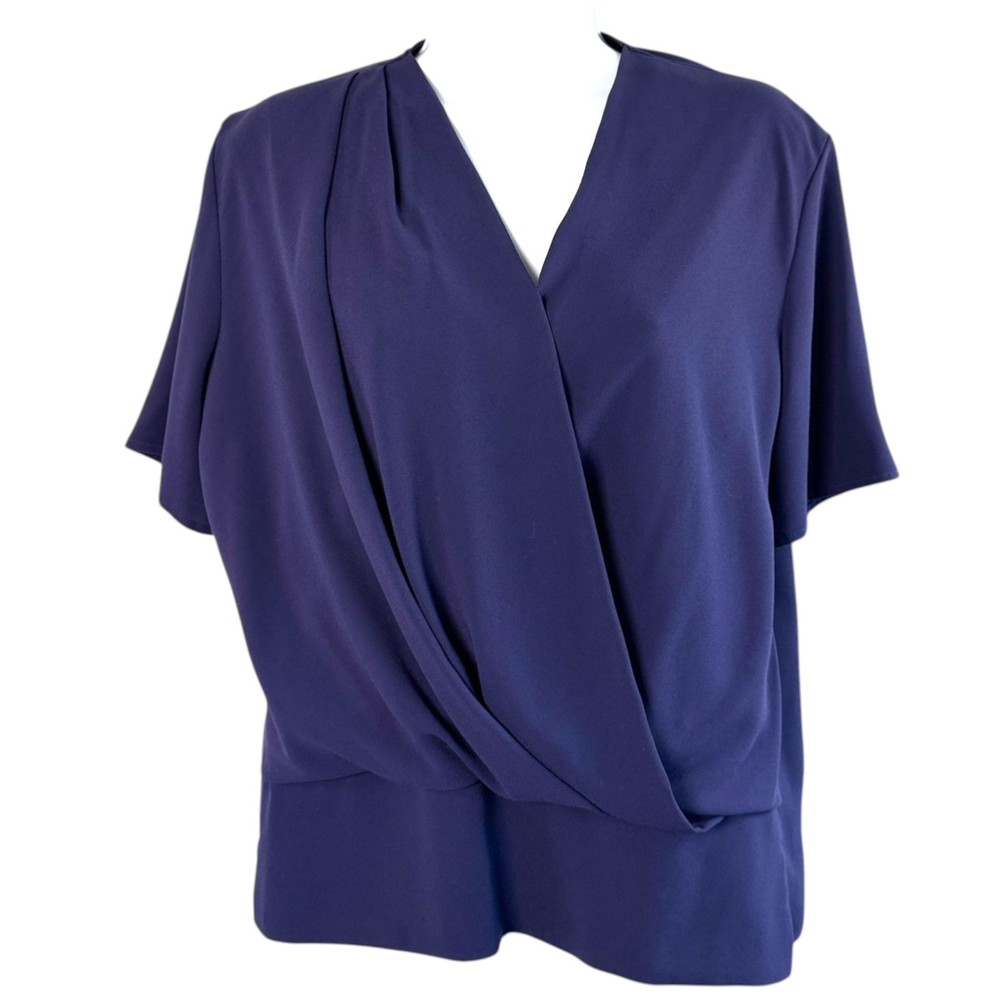 MM LaFleur Dani Top Sz M Draped Faux Wrap Front Short Sleeve Quiet Luxury Career