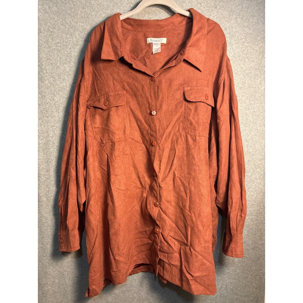 Roamans Faux Suede Button Up Shirt Jacket 4X Rust Western Boho Plus Size