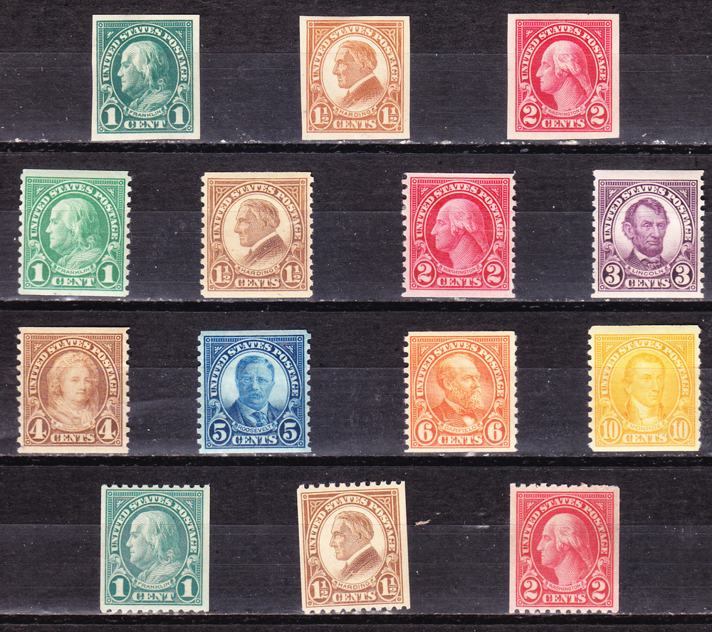 US Scott 575-577, 597-603, 604-606 old 1c-10c coils & imperforates M/H/OG CV $40